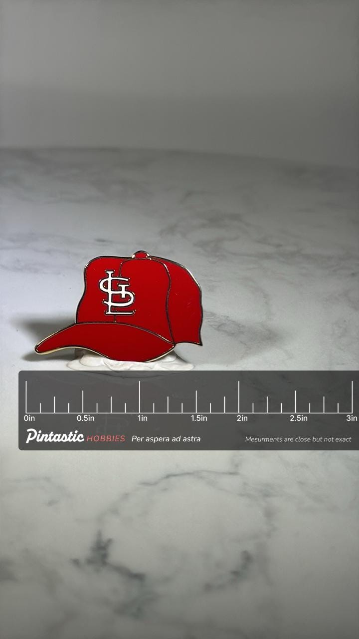 St. Louis Cardinals Hat Pin: Red Enamel - Vintage Sports Accessory with ruler overlay for size reference