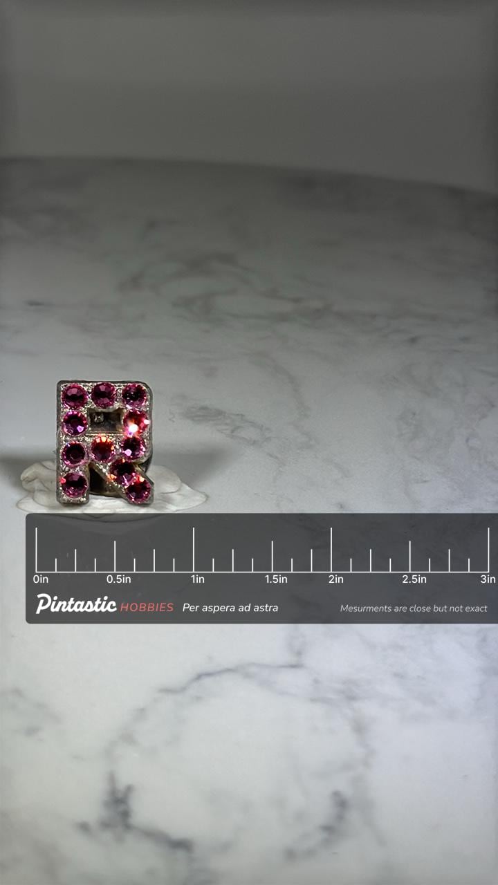Letter R Initial Pin: Silver with Pink Rhinestones - Vintage Style Accessory with ruler overlay for size reference