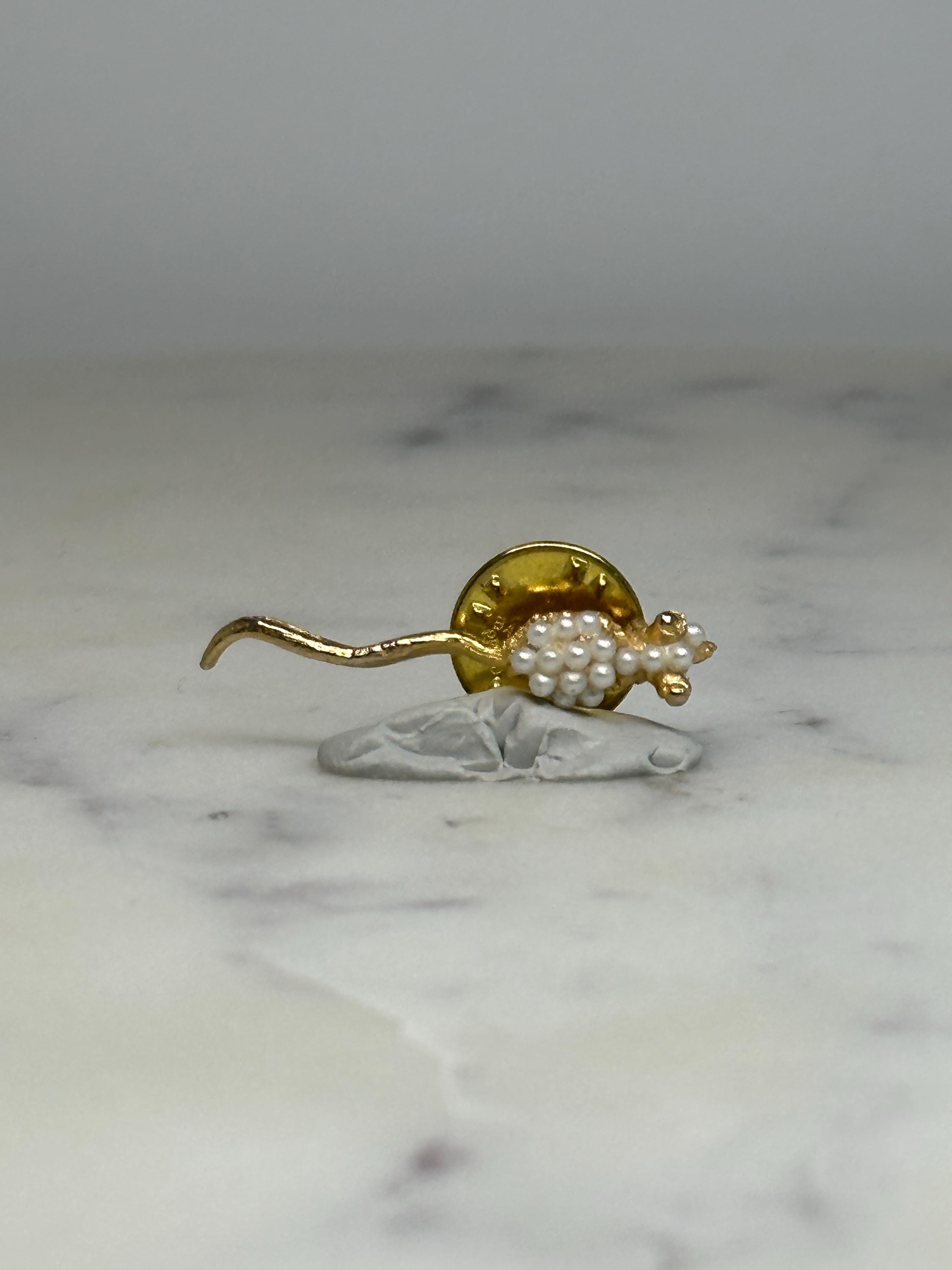 Mouse Lapel Pin: Gold Tone with Faux Pearls - Vintage Style Accessory
