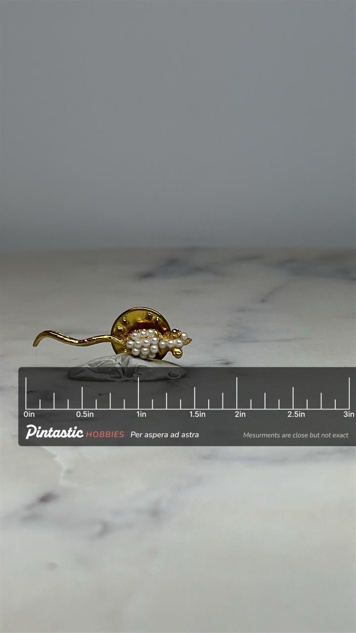 Mouse Lapel Pin: Gold Tone with Faux Pearls - Vintage Style Accessory with ruler overlay for size reference
