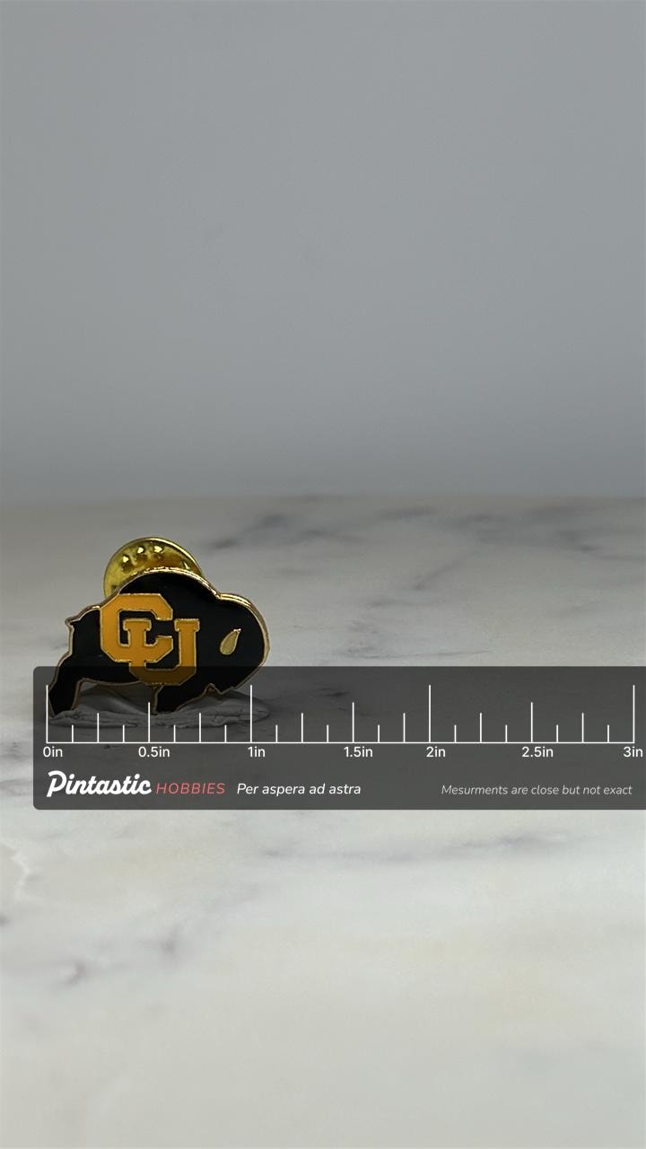 Colorado Buffaloes CU Pin: Black & Gold Enamel - College Spirit Accessory with ruler overlay for size reference
