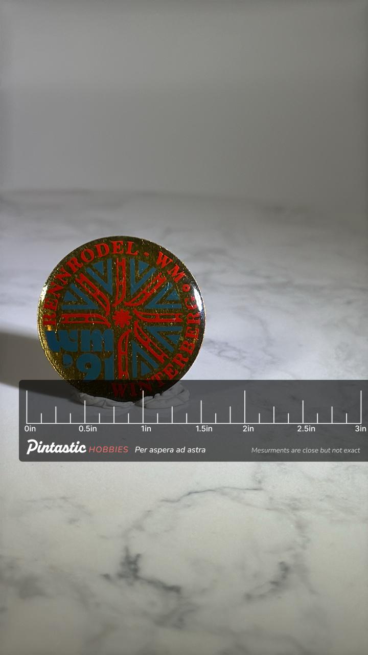 1991 Luge World Cup Pin: Glossy Gold & Red - Winter Sports Accessory with ruler overlay for size reference