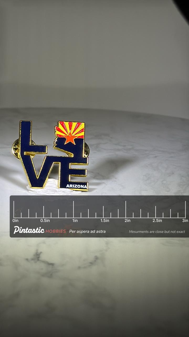 Arizona LOVE State Pin: Navy & Gold Enamel - Southwest Travel Accessory with ruler overlay for size reference