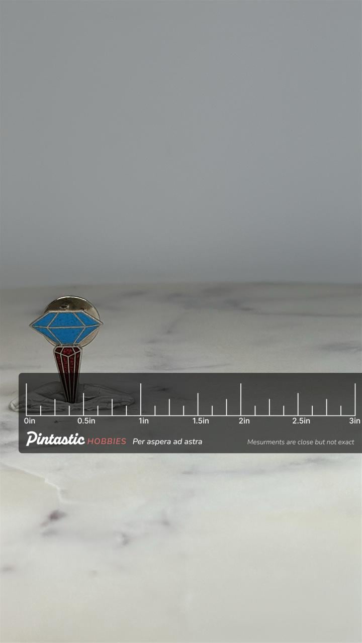 Geometric Diamond Lapel Pin: Silver Blue Red Enamel - Retro Accessory with ruler overlay for size reference