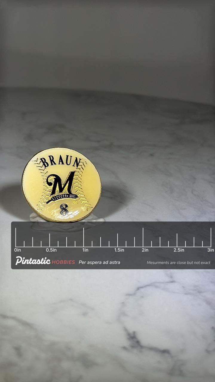 Milwaukee Brewers Ryan Braun Baseball Pin: Yellow Enamel - Sports Fan Accessory with ruler overlay for size reference