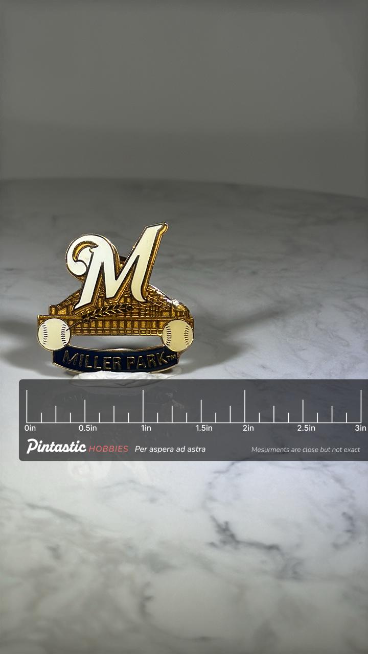 Miller Park Baseball Pin: Gold Enamel Stadium Logo - Retro Sports Accessory with ruler overlay for size reference