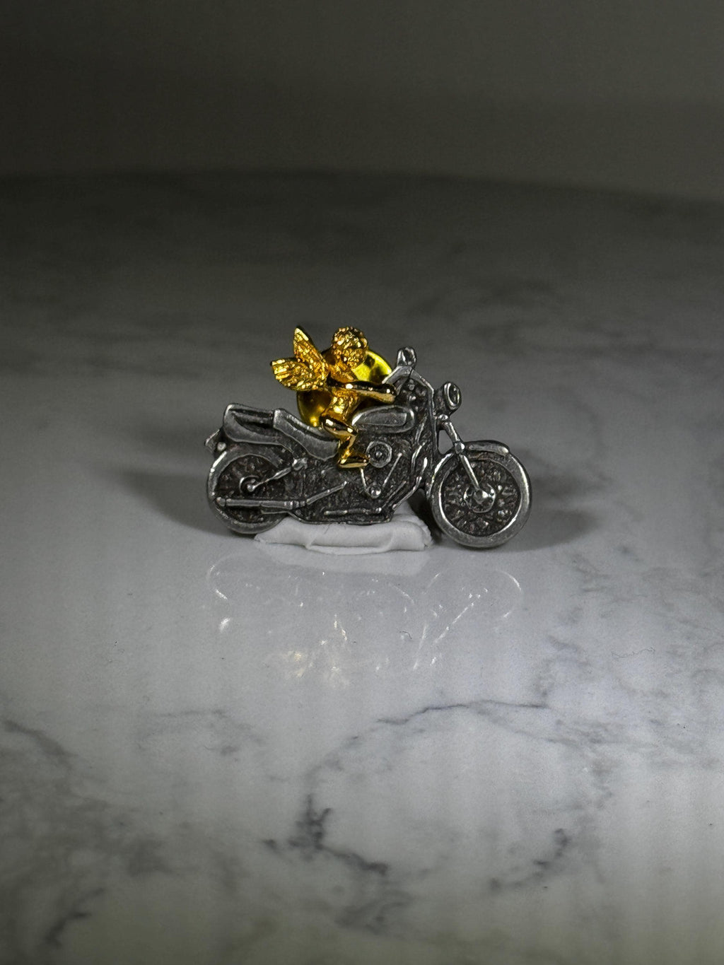 Angel Riding Motorcycle Pin: Silver & Gold Tone - Whimsical Vintage Accessory