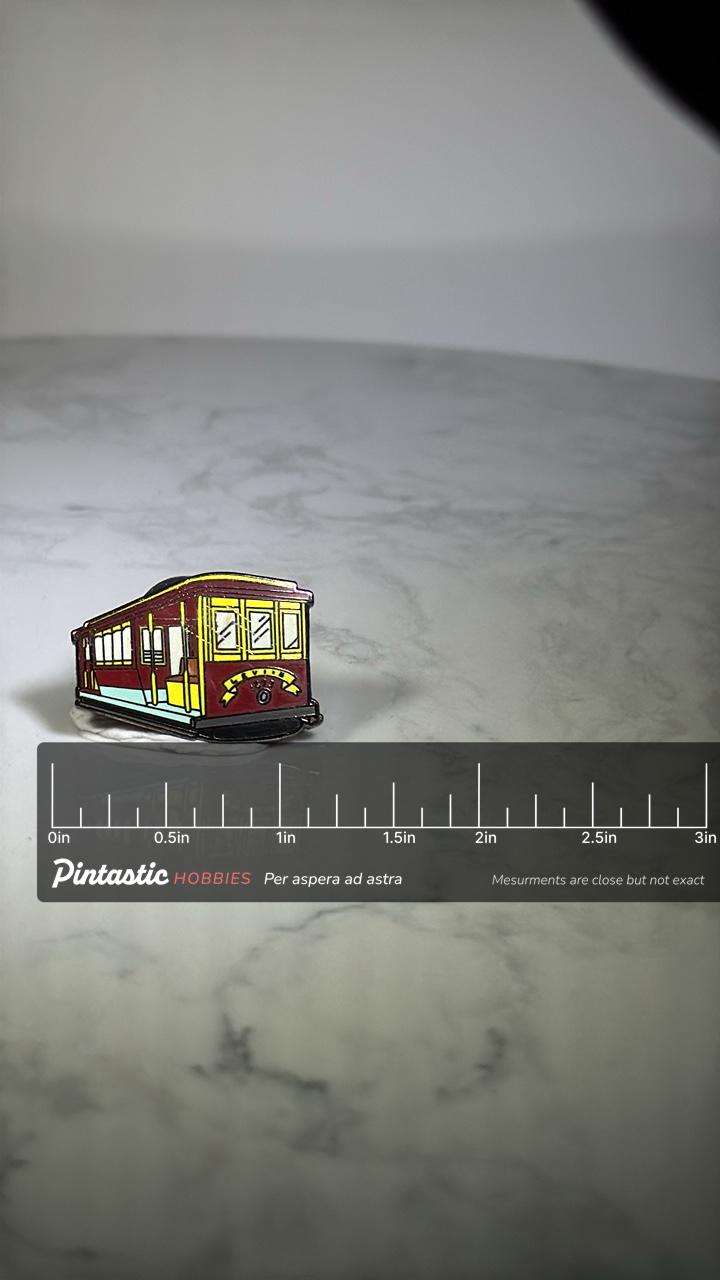 San Francisco Cable Car Pin: Red & Yellow Enamel - Vintage City Souvenir with ruler overlay for size reference