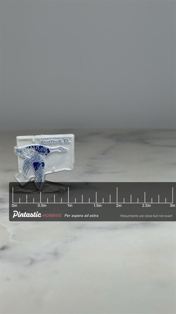 Hartford Connecticut Goose Pin: White & Blue Enamel - Vintage Souvenir Accessory with ruler overlay for size reference