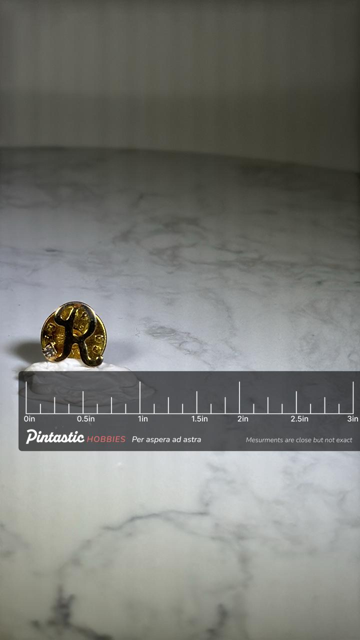 Initial "R" Monogram Pin: Gold Tone Finish - Vintage Style Accessory with ruler overlay for size reference