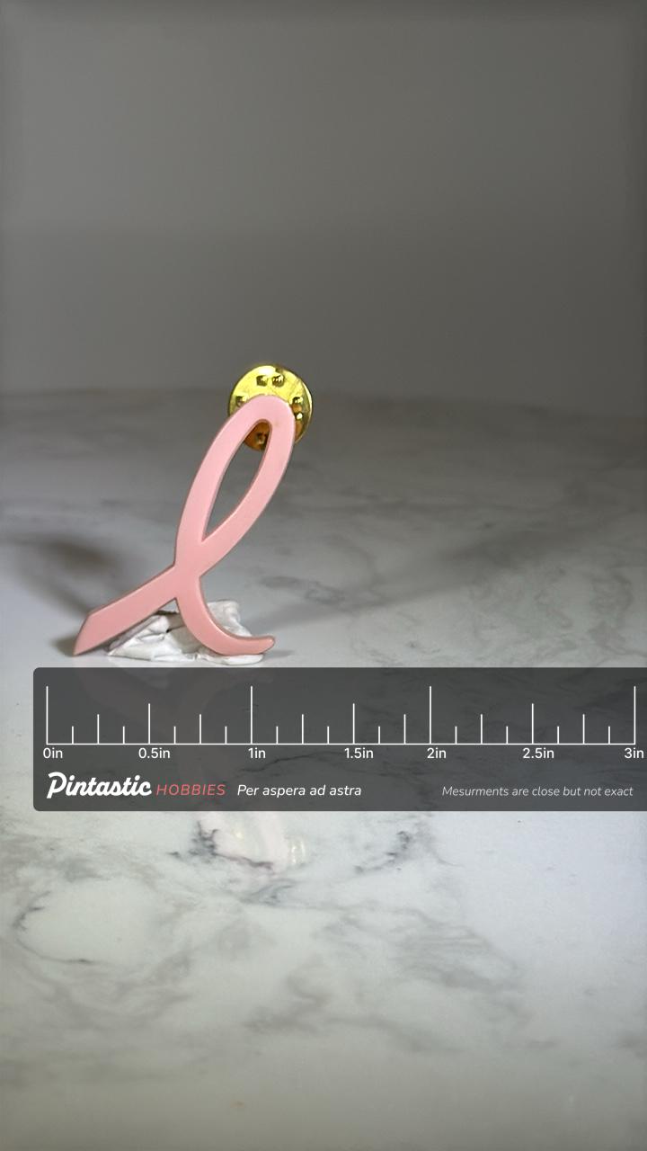 Pink Awareness Ribbon Pin: Enamel Gold-Tone - Support Cause Accessory with ruler overlay for size reference