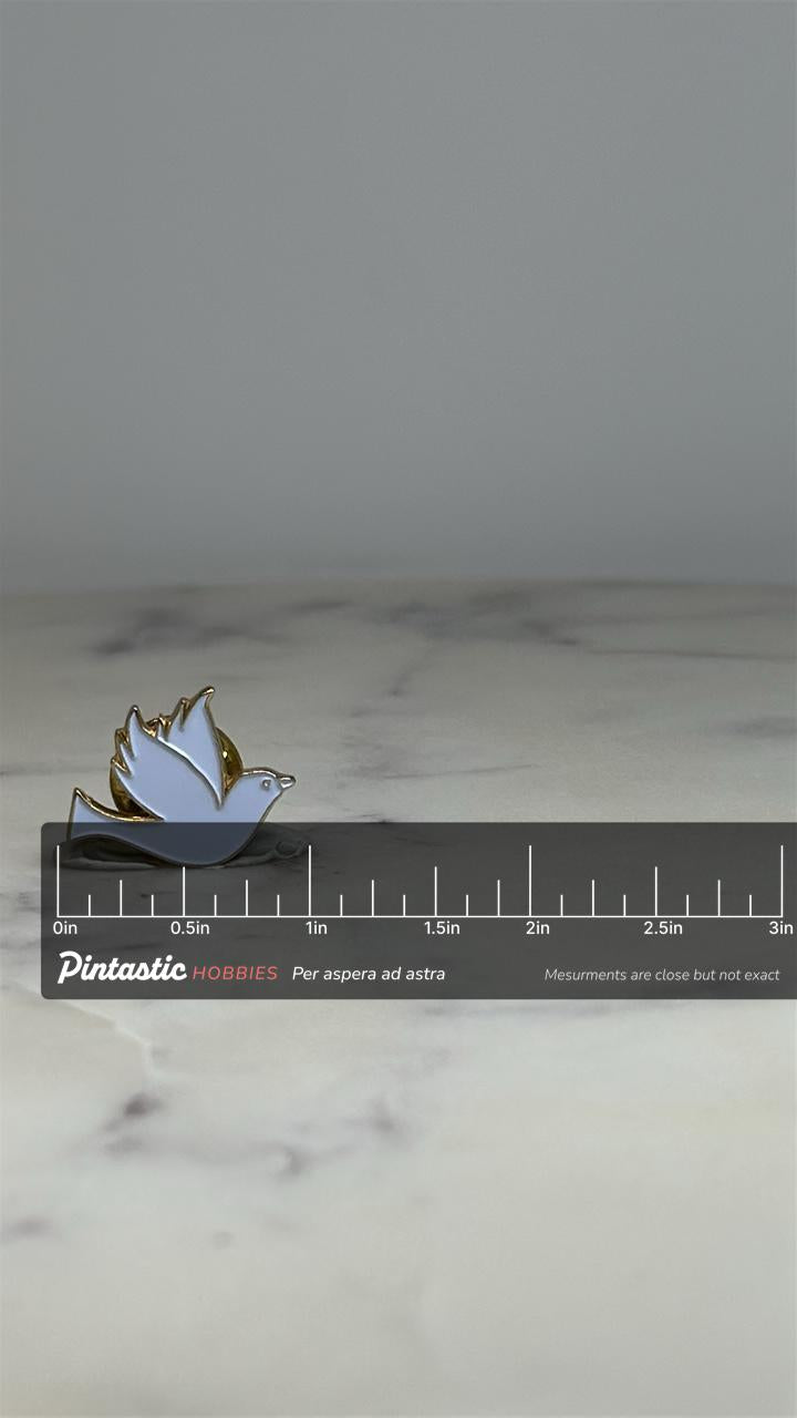 White Dove Enamel Lapel Pin: Gold Trim - Peace Symbol Accessory with ruler overlay for size reference