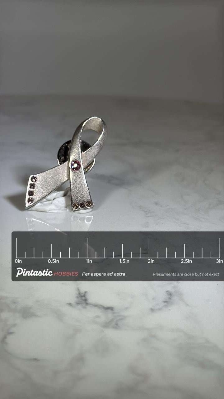 Awareness Ribbon Pin: Silver with Pink Rhinestones - Support Cause Accessory with ruler overlay for size reference