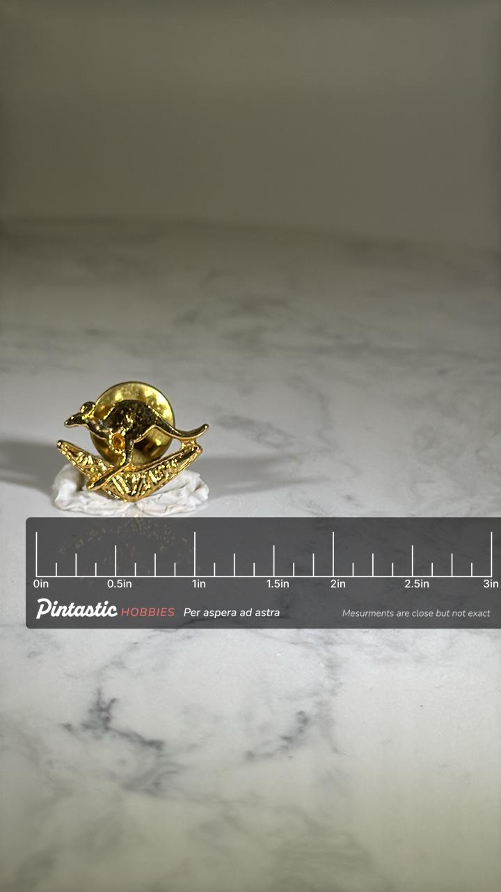 Kangaroo Lapel Pin: Gold Tone Finish - Australia Travel Souvenir Accessory with ruler overlay for size reference