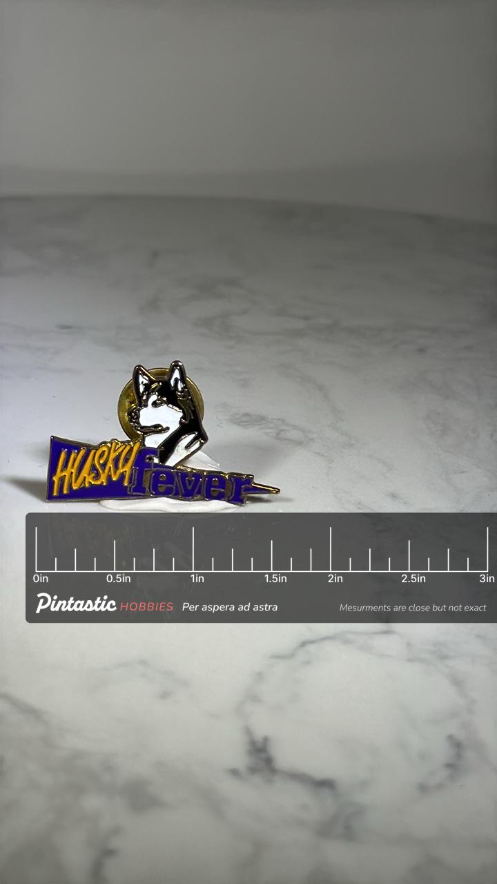 University of Washington Mascott Lapel Pin: Purple & Gold Enamel - Vintage Sports Accessory with ruler overlay for size refer