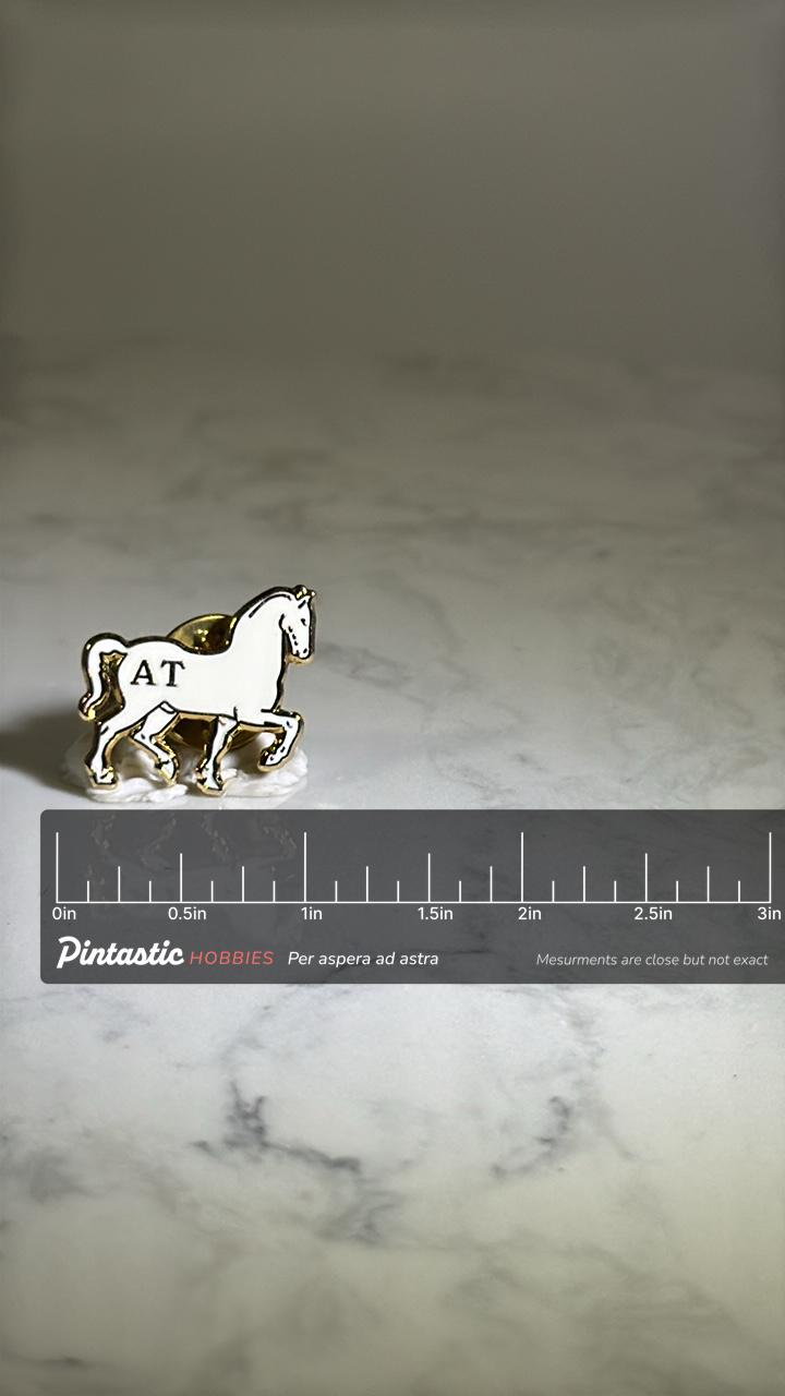 Dressage Horse Enamel Pin: White & Gold Finish - Equestrian Accessory with ruler overlay for size reference