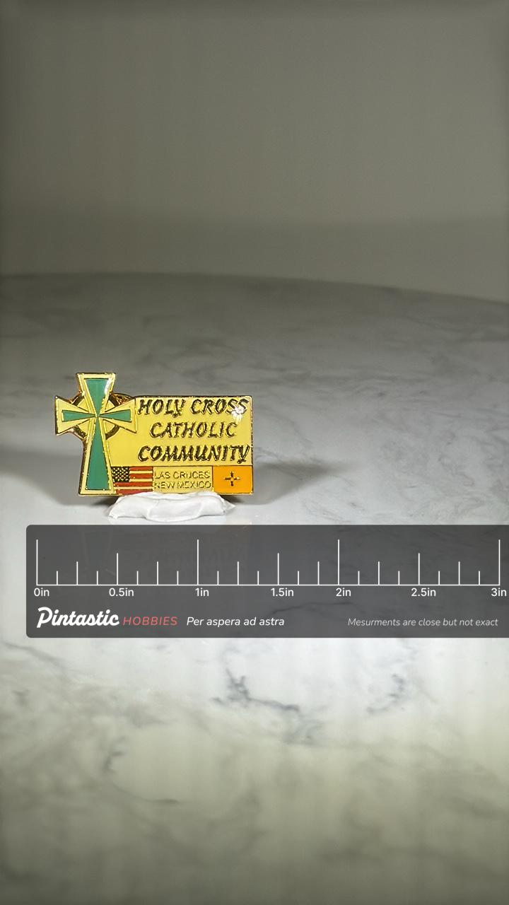 Holy Cross Catholic Pin: Gold Enamel Finish - Religious Community Accessory with ruler overlay for size reference