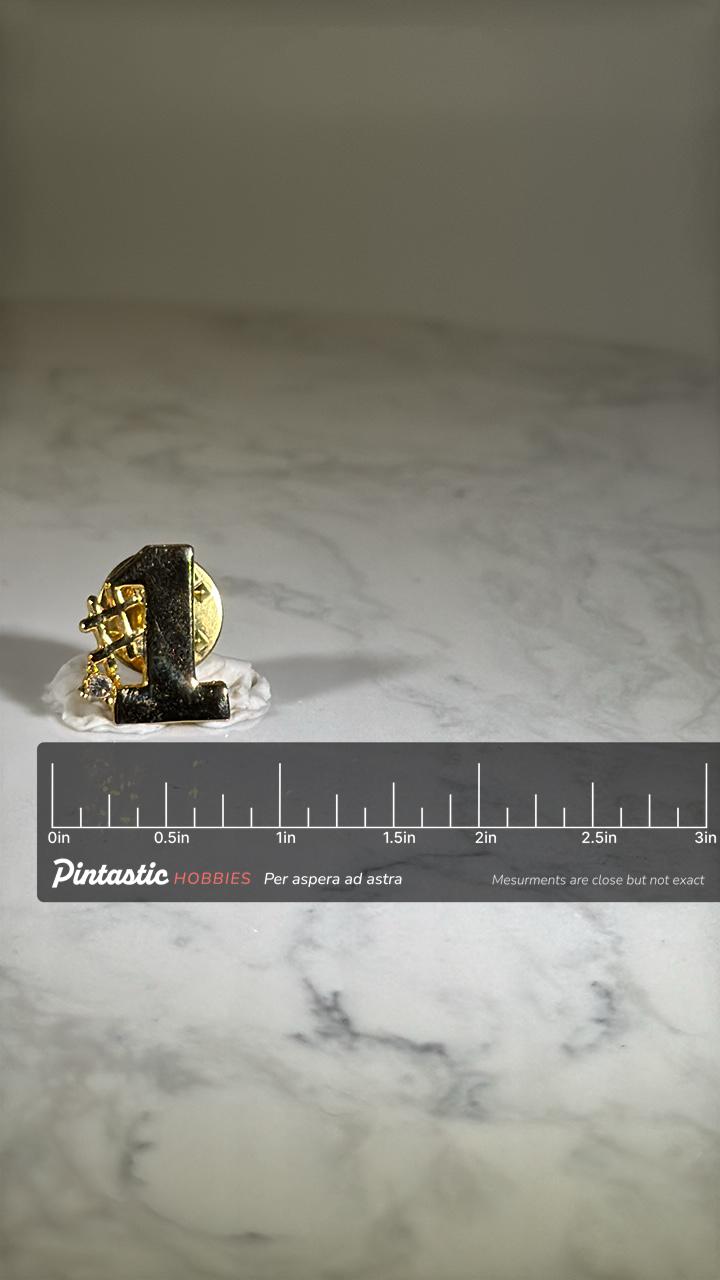 Number 1 Lapel Pin: Black and Gold Enamel - Vintage Career Accessory with ruler overlay for size reference