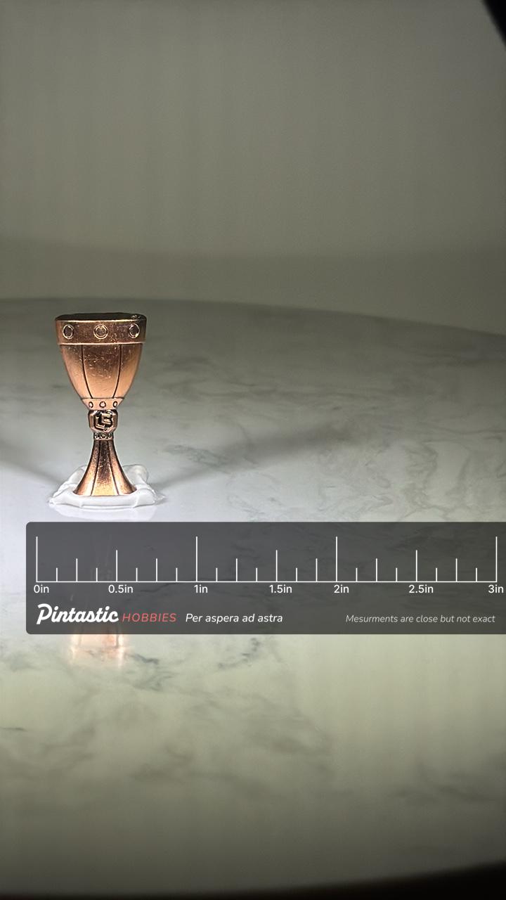 Holy Grail Chalice Pin: Antique Bronze Finish - Medieval Fantasy Accessory with ruler overlay for size reference