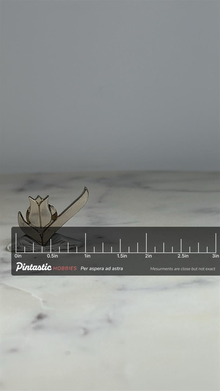 Tulip Flower Lapel Pin: Silver-Tone Minimalist - Vintage Accessory with ruler overlay for size reference