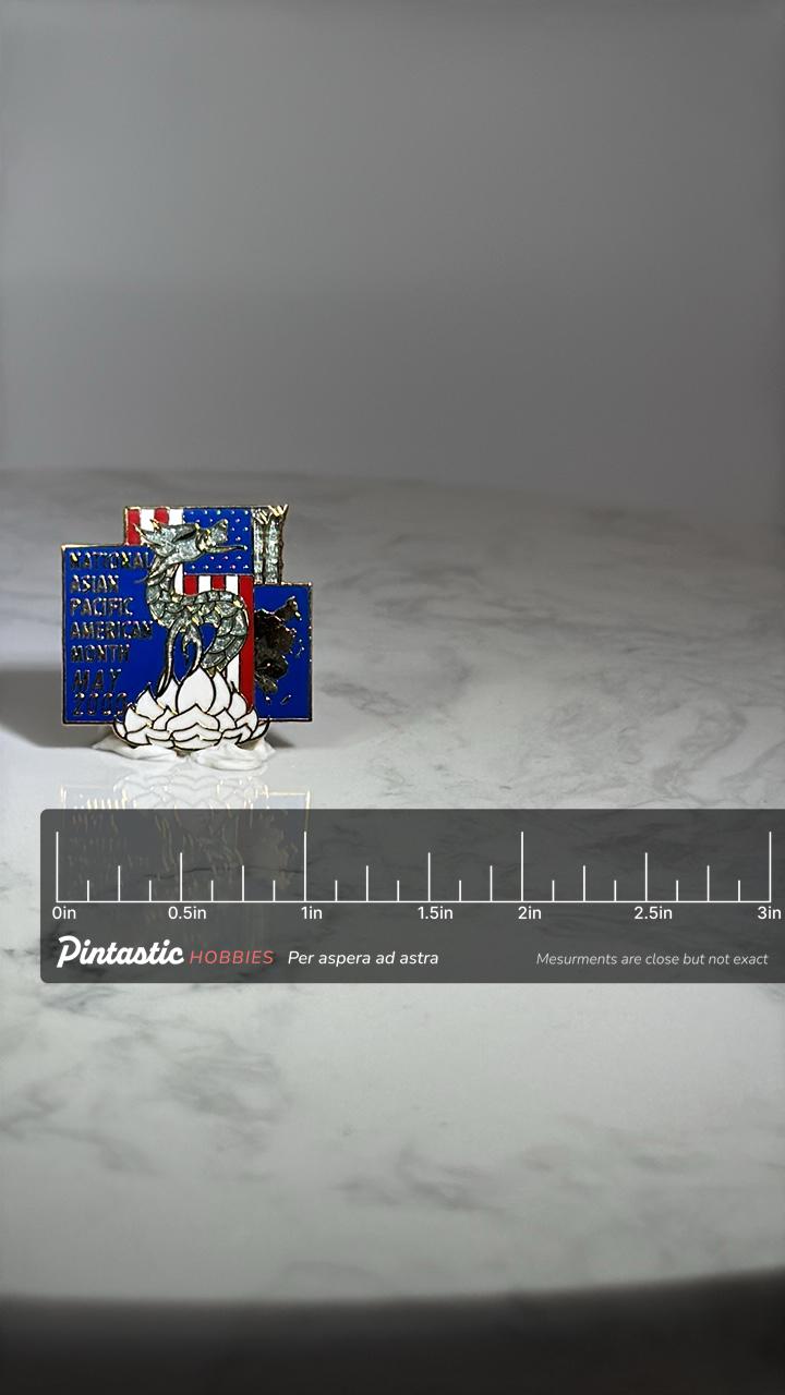 Asian Pacific Heritage Enamel Pin: Red White Blue Dragon - 2000 Collectible Accessory with ruler overlay for size reference