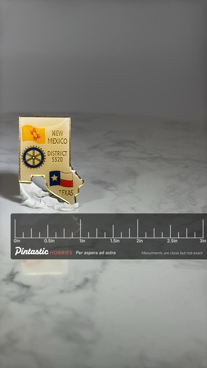 New Mexico Texas Rotary Club Pin: Gold Enamel Finish - Regional Souvenir Accessory with ruler overlay for size reference
