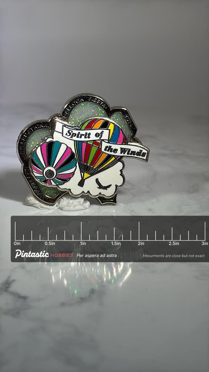 Spirit of the Winds Hot Air Balloon Pin: Multicolor Enamel - Festival Accessory with ruler overlay for size reference