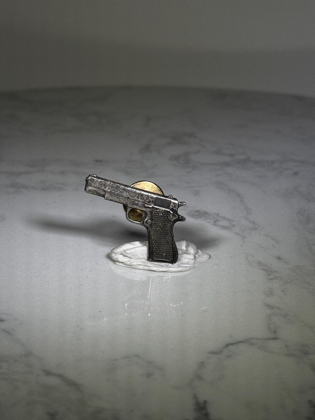 Pistol Lapel Pin: Silver Tone Metal - Vintage Tactical Accessory