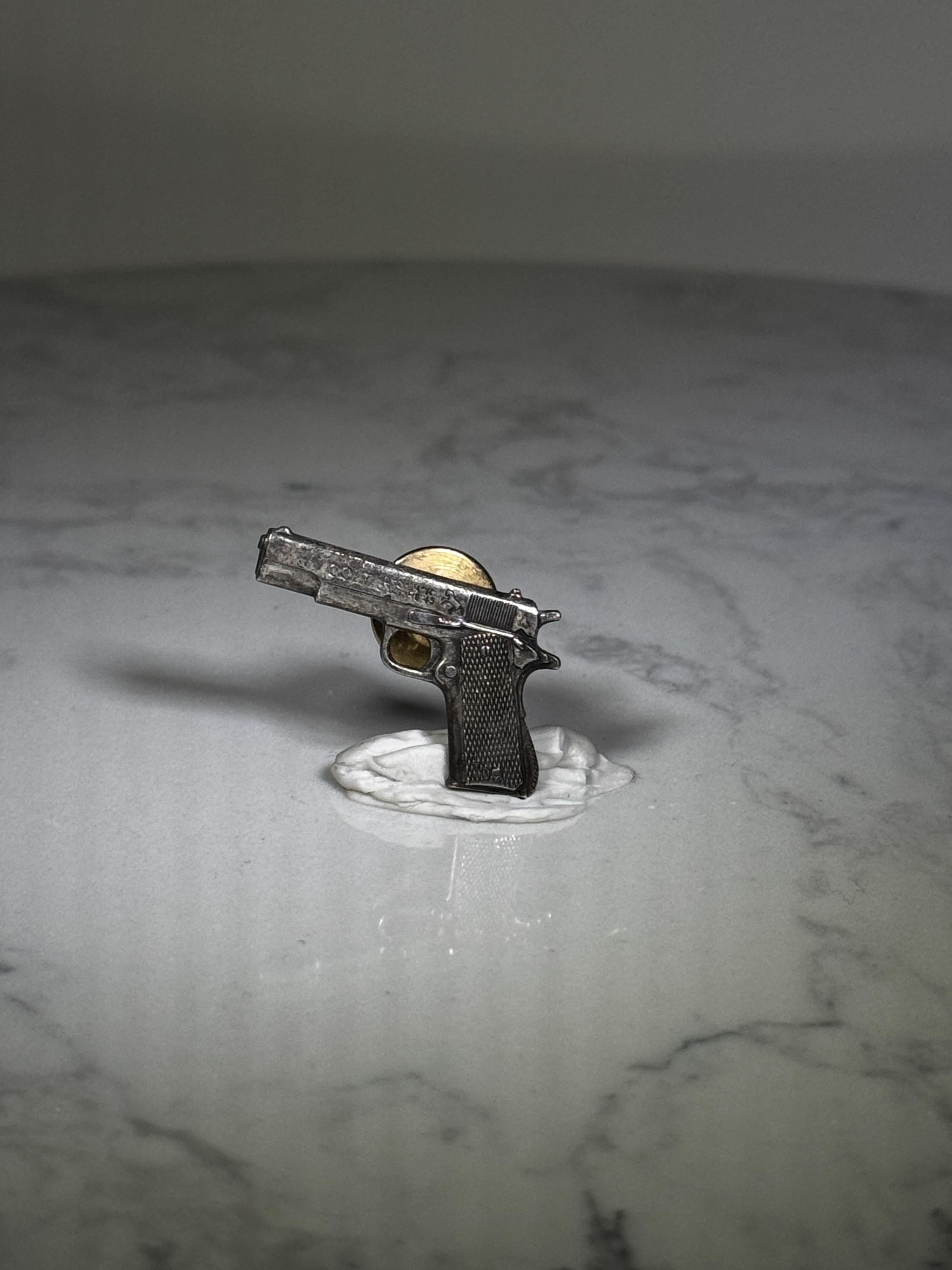 Pistol Lapel Pin: Silver Tone Metal - Vintage Tactical Accessory