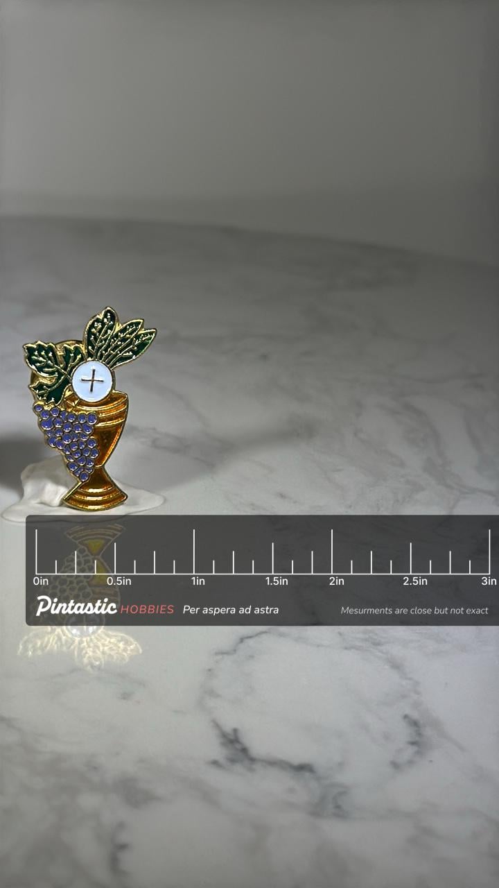 Communion Chalice Pin: Gold Enamel with Grapes & Host - Religious Accessory with ruler overlay for size reference