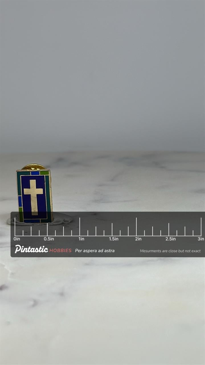 Christian Cross Pin: Blue Green Enamel - Faith-Based Religious Accessory with ruler overlay for size reference