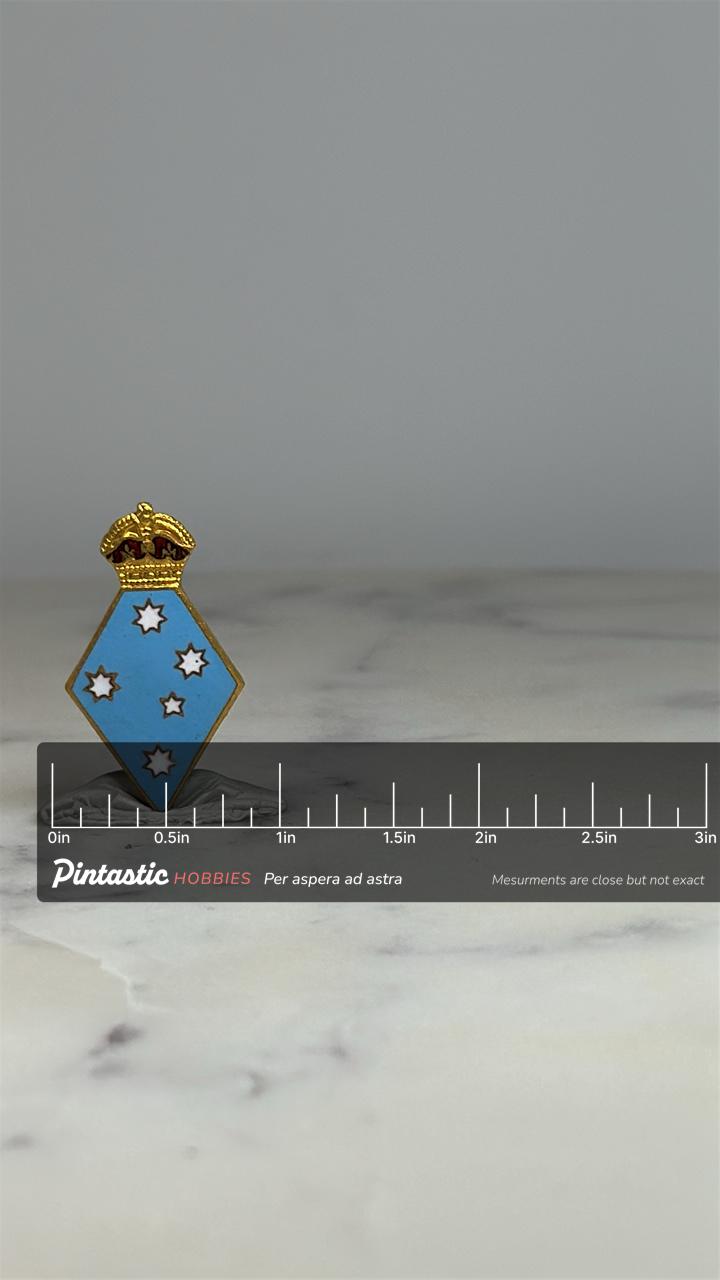 Australia Girl Guides Pin: Blue Enamel & Gold Crown - Vintage Souvenir Accessory with ruler overlay for size reference