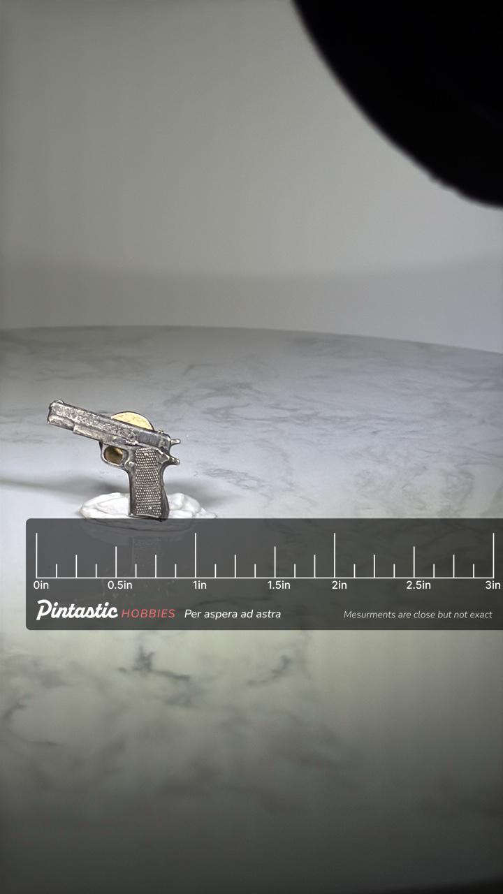 Pistol Lapel Pin: Silver Tone Metal - Vintage Tactical Accessory with ruler overlay for size reference