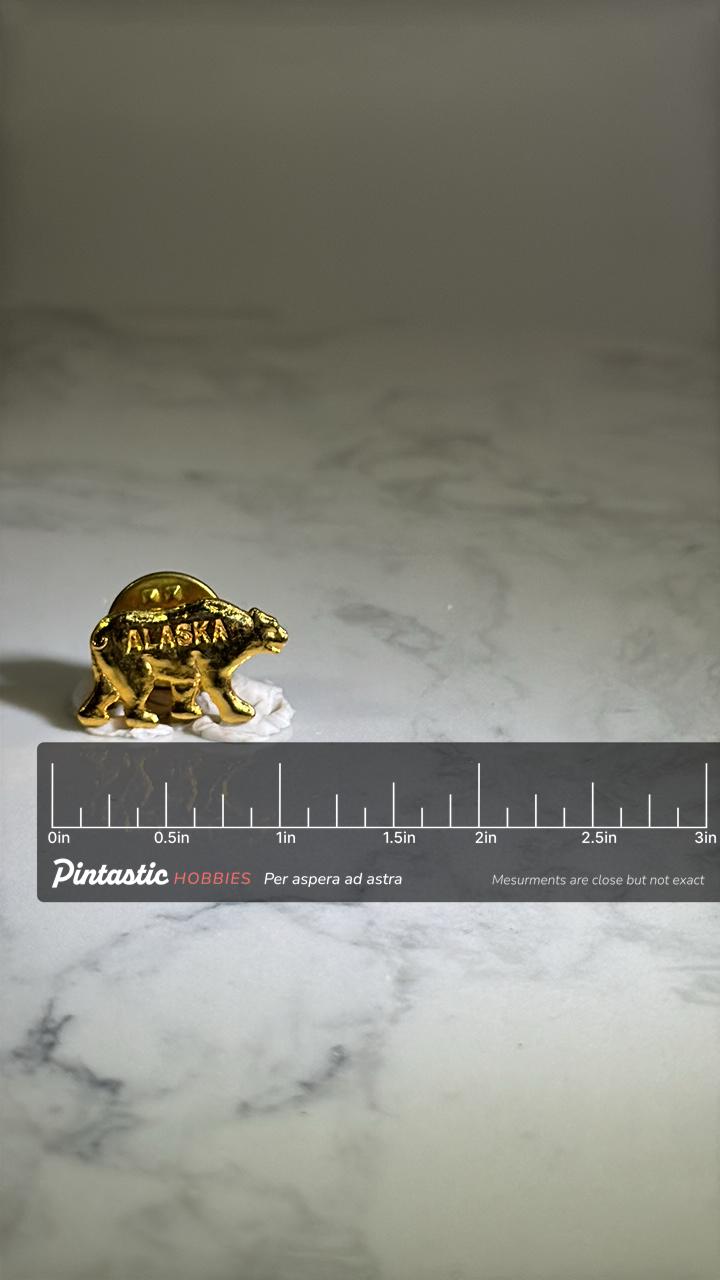 Alaska Bear Lapel Pin: Gold Tone Finish - Souvenir Travel Accessory with ruler overlay for size reference