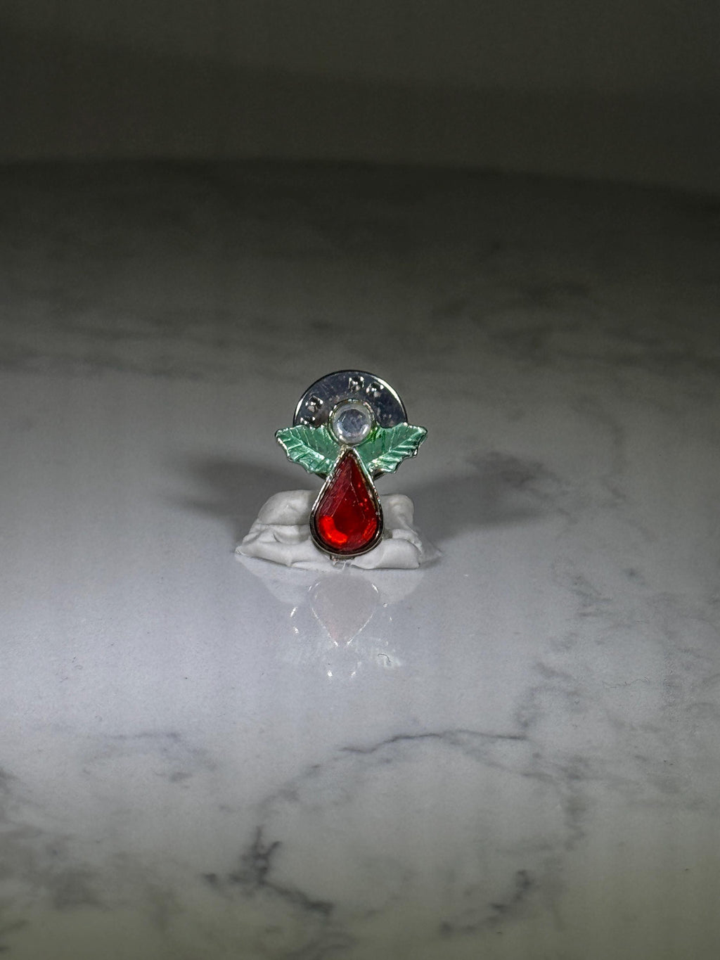 Angel Teardrop Pin: Red Gem & Green Wings - Holiday Collectible Accessory