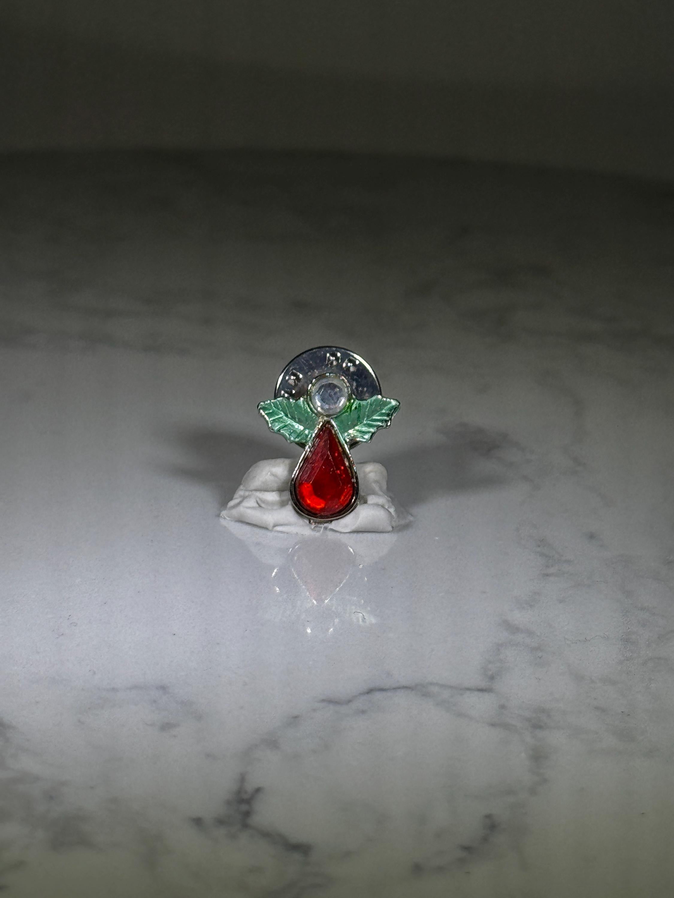 Angel Teardrop Pin: Red Gem & Green Wings - Holiday Collectible Accessory
