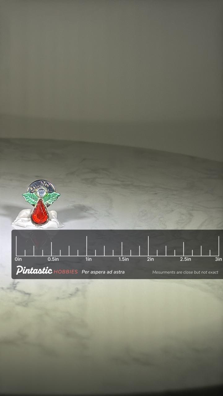 Angel Teardrop Pin: Red Gem & Green Wings - Holiday Collectible Accessory with ruler overlay for size reference