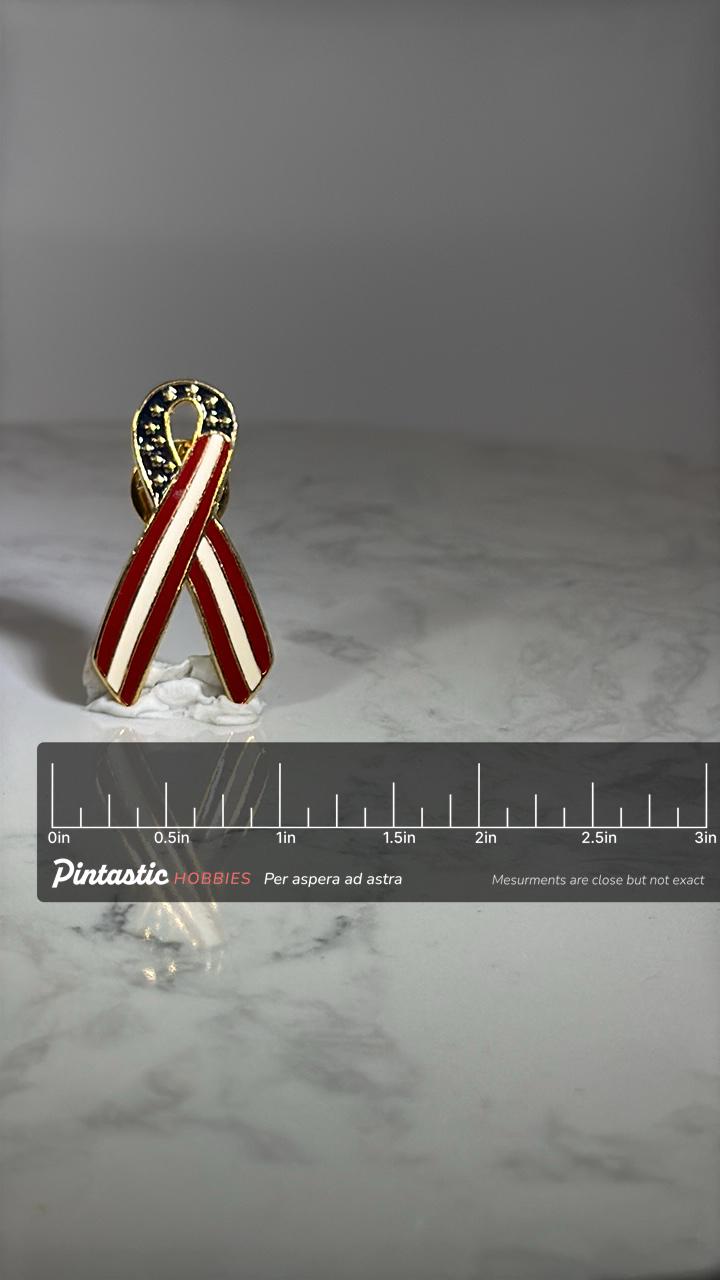 Patriotic Ribbon Pin: Red White Blue Enamel - Americana Accessory with ruler overlay for size reference