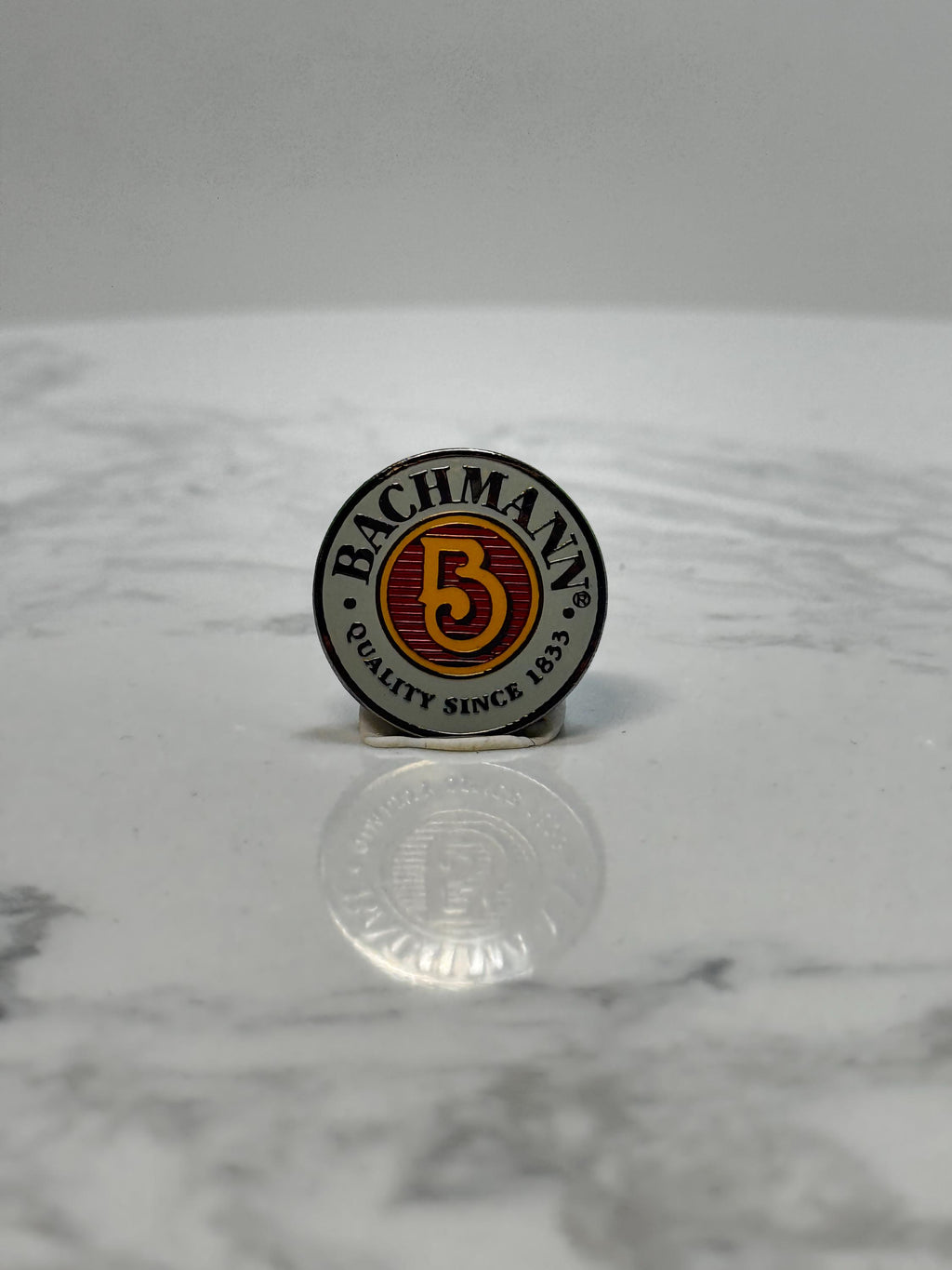 Bachmann Model Railroad 5 Year Enamel Pin: Red & Gold Logo - Vintage Career Accessory