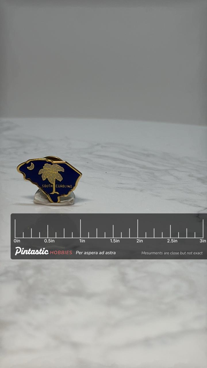 South Carolina State Pin: Navy & Gold Enamel - Travel Souvenir Accessory with ruler overlay for size reference