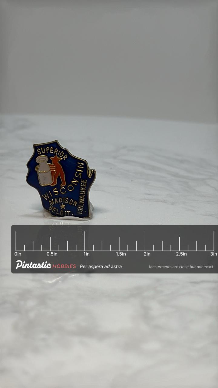 Wisconsin State Souvenir Pin: Blue Enamel & Gold Trim - Vintage Travel Accessory with ruler overlay for size reference