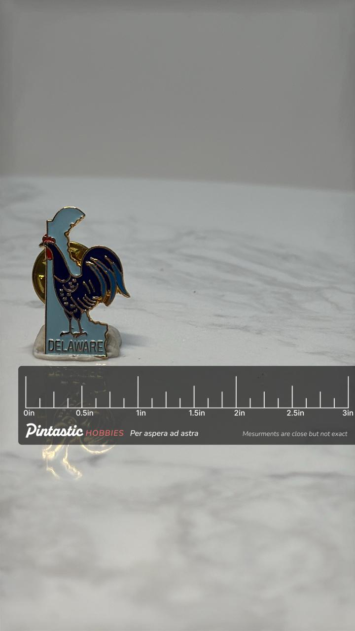 Delaware State Rooster Pin: Blue Enamel Gold Trim - Vintage Travel Accessory with ruler overlay for size reference