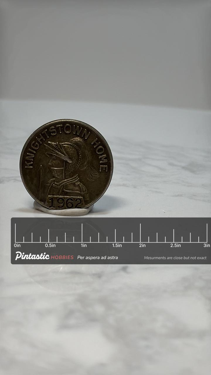 Knightstown Home Pin: Antique Brass Finish - 1962 Souvenir Accessory with ruler overlay for size reference