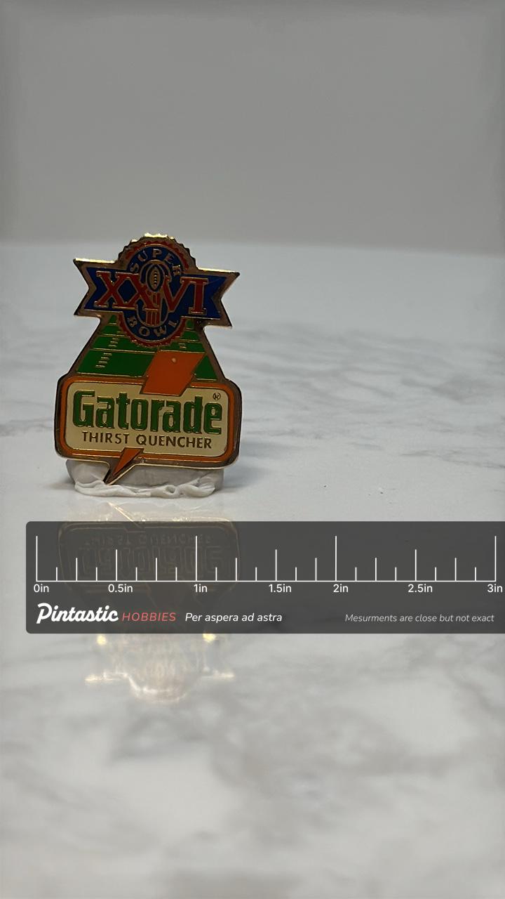 Super Bowl XXVI Gatorade Pin: Bold Enamel Finish - 1990s Sports Accessory with ruler overlay for size reference