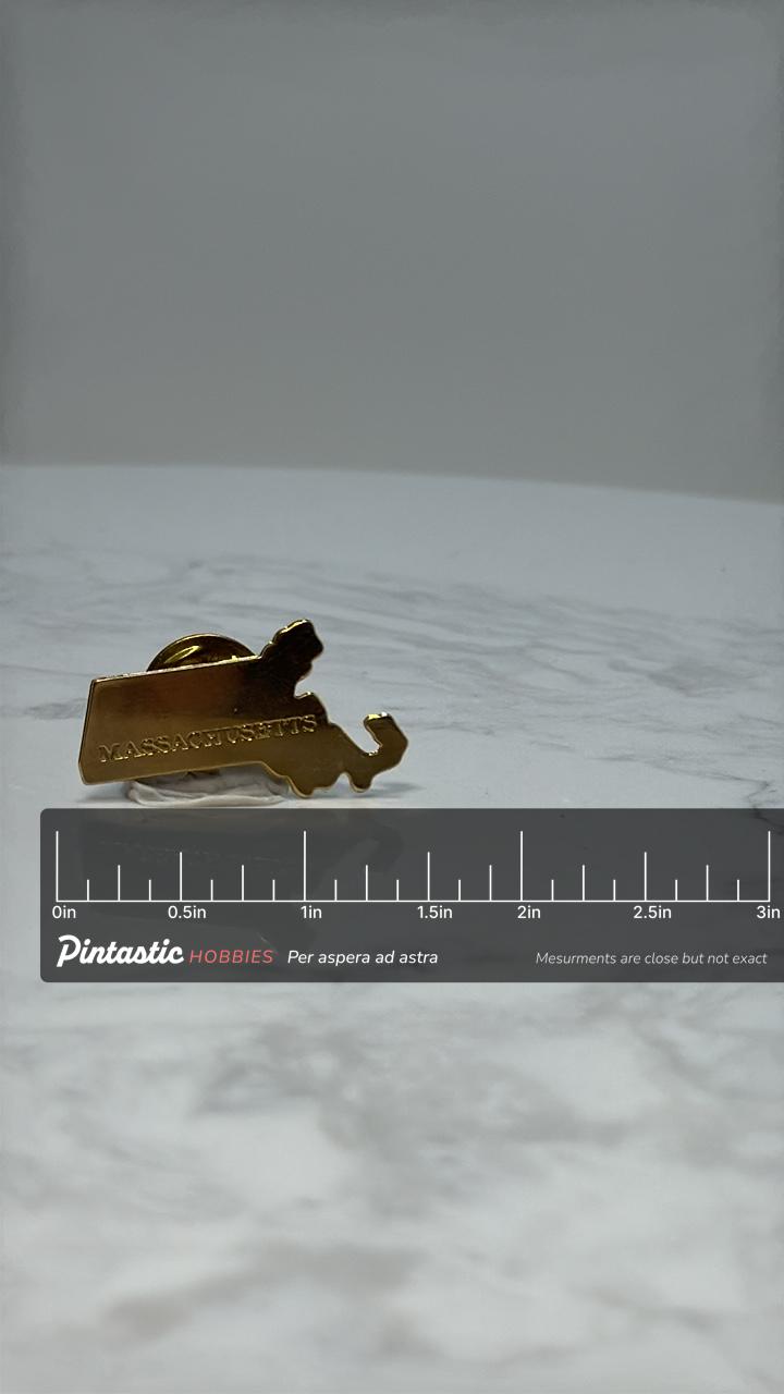 Massachusetts State Pin: Gold Tone Outline - Vintage Travel Accessory with ruler overlay for size reference