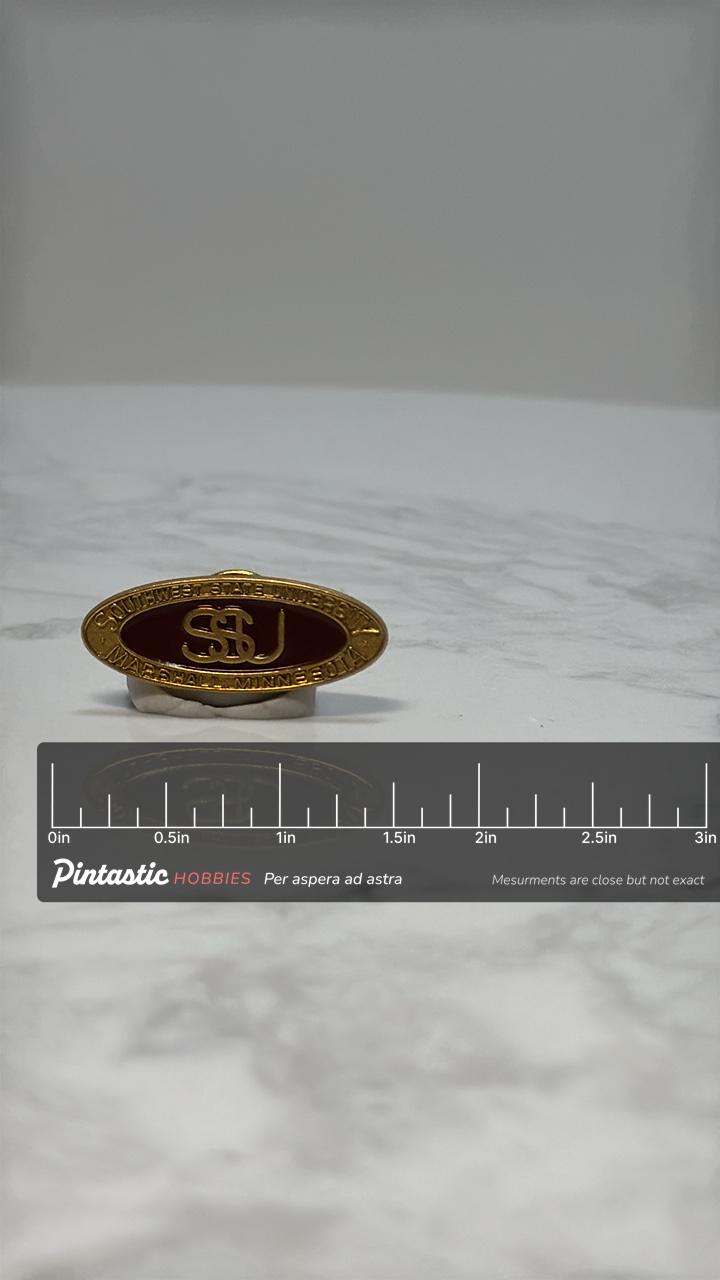 Southwest State University Lapel Pin: Gold Maroon Enamel - Vintage College Accessory with ruler overlay for size reference