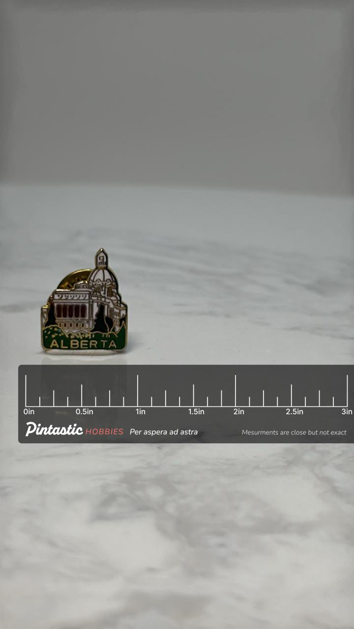 Alberta Landmark Pin: Gold Enamel Finish - Canadian Souvenir Accessory with ruler overlay for size reference