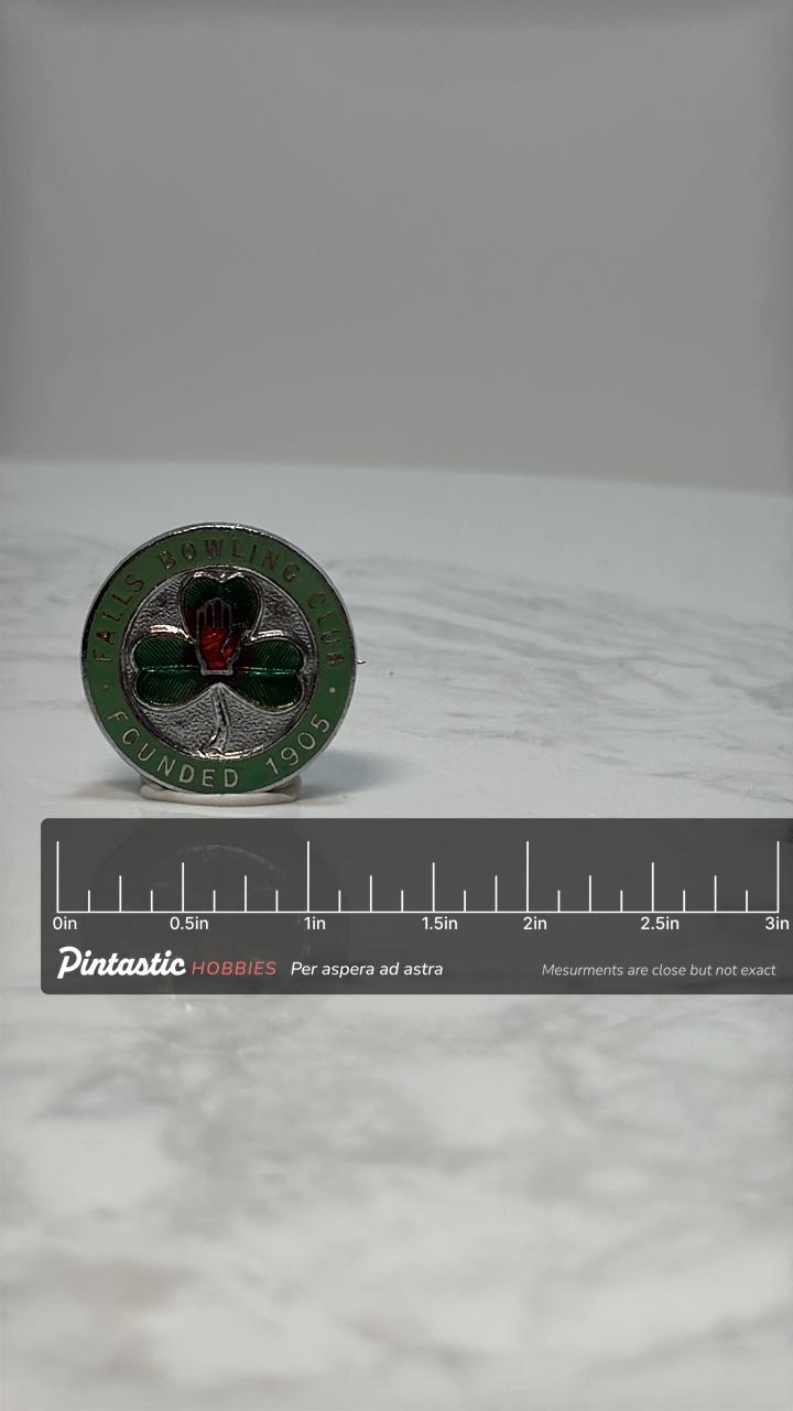 Falls Bowling Club Pin: Green Enamel Metal - Vintage Collectible Accessory with ruler overlay for size reference