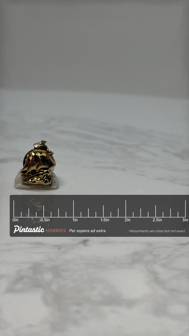 Tall Ship Lapel Pin: Gold Tone Enamel - Nautical Vintage Accessory with ruler overlay for size reference