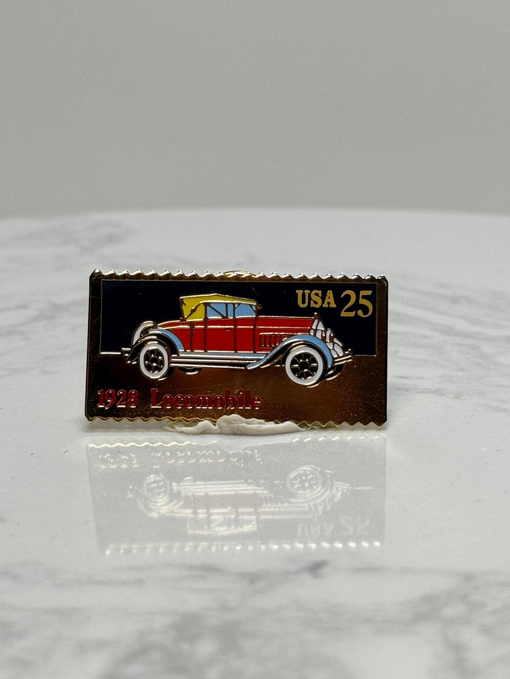 1928 Locomobile Car Pin: Enamel Gold Trim - Vintage Stamp Accessory